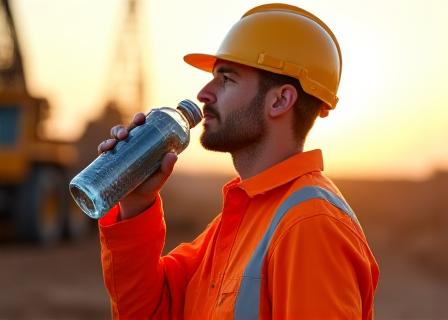Shift worker drinking water in harsh climate